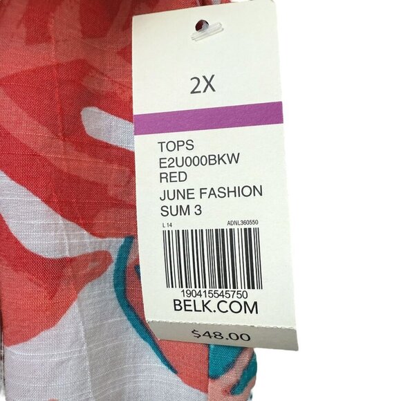 Kim Rogers Top Plus Size 2X Tropical Leaf Coral Turquoise Short Sleeve Tunic - Picture 5 of 9